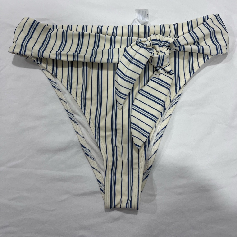 Abercrombie & Fitch High Waisted Bikini Bottoms Ivory Blue Stripe Size Medium